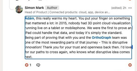 Simon Mark’s LinkedIn reply about OrthoGraph’s role in pioneering live 3D point-cloud visualization on an iPad